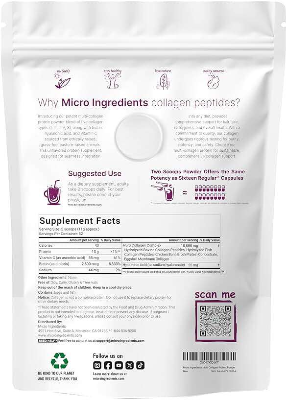 Micro Ingredients Multi Collagen Peptides Powder, 2lb (82 Servings) – Hydrolyzed Type I,II,III,V,X with Biotin, Hyaluronic Acid, Vitamin C – Unflavored Collagen for Women & Men, Easy Dissolve - Image 2