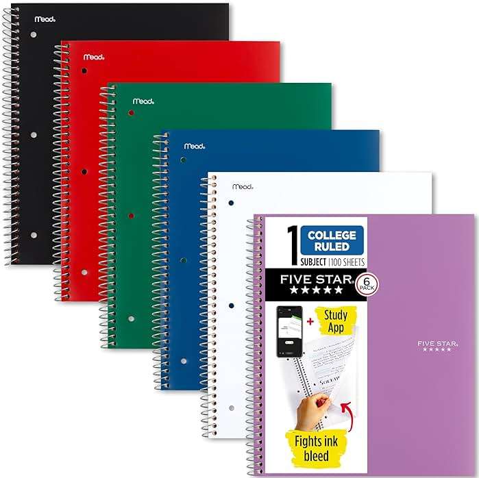 Five Star Spiral Notebook + Study App, 1 Subject, College Ruled Paper, 8.5" x 11", 100 Sheets, Assorted Colors, 6 Pack (820097) - Image 1