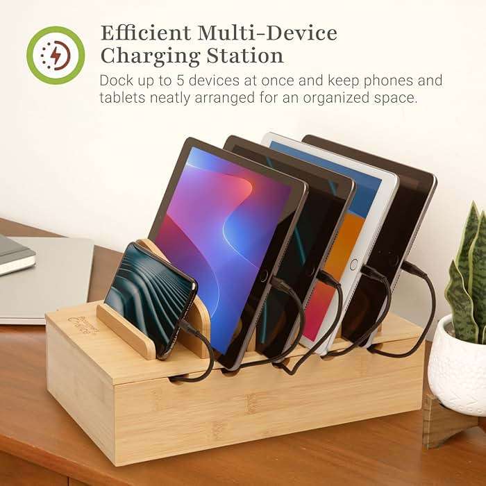 Prosumer's Choice Wooden Charging Station Organizer - 5-Port Base for Phones, Tablets and Laptops - Multi-Device Docking Station with Removable Divider Slots - Cord Box with Cable Management - Bamboo - Image 2