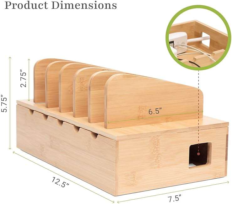 Prosumer's Choice Wooden Charging Station Organizer - 5-Port Base for Phones, Tablets and Laptops - Multi-Device Docking Station with Removable Divider Slots - Cord Box with Cable Management - Bamboo - Image 3