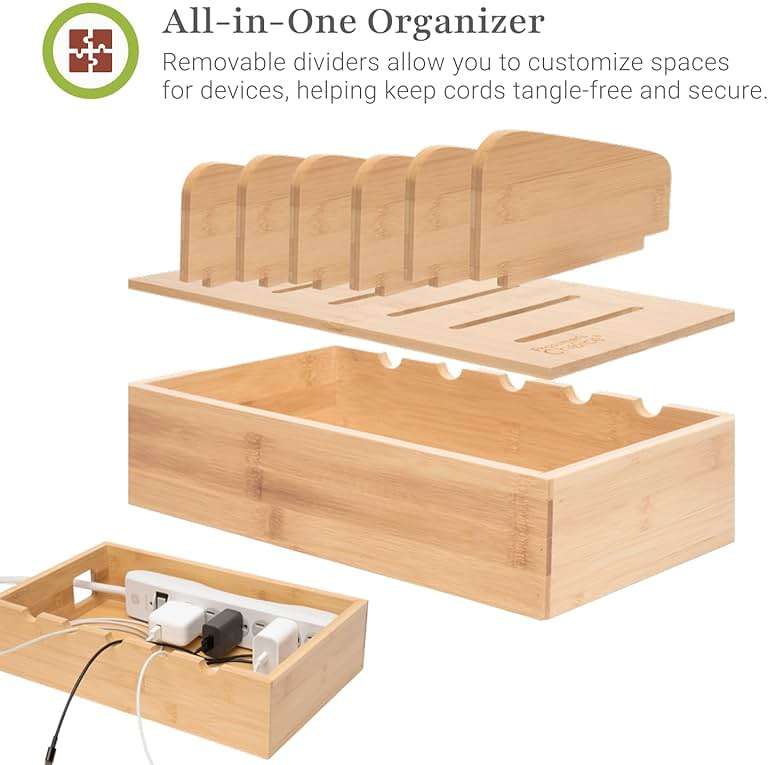 Prosumer's Choice Wooden Charging Station Organizer - 5-Port Base for Phones, Tablets and Laptops - Multi-Device Docking Station with Removable Divider Slots - Cord Box with Cable Management - Bamboo - Image 4