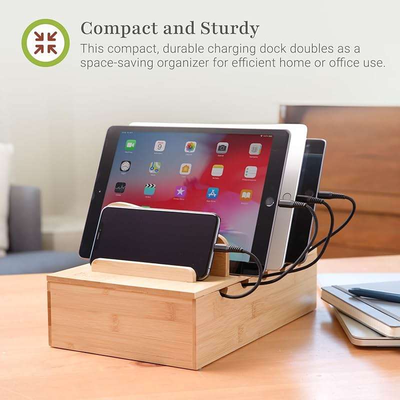 Prosumer's Choice Wooden Charging Station Organizer - 5-Port Base for Phones, Tablets and Laptops - Multi-Device Docking Station with Removable Divider Slots - Cord Box with Cable Management - Bamboo - Image 6