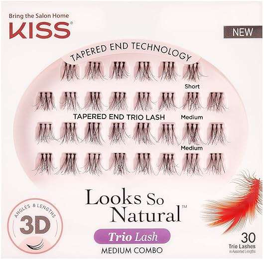 Kiss Looks So Natural Trio Cluster Lashes, 30 Short & Medium Lengths, Trim to Fit, 12mm, Easier to Apply than Individual Clusters, Lightweight, Tapered End Technology, Reusable with Proper Care | Trim to Fit, Easier to Apply than Individual Clusters, Lightweight, Tapered End Technology, Reusable with Proper Care - Image 1
