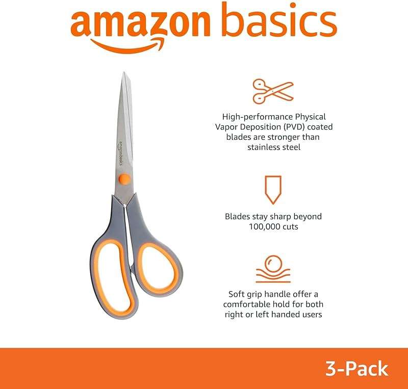Amazon Basics Multipurpose Stainless Steel Scissors for Office, Crafts, Right/Left Handed, Comfort Grip, PVD Coated, 3-Pack, Multicolor - Image 3
