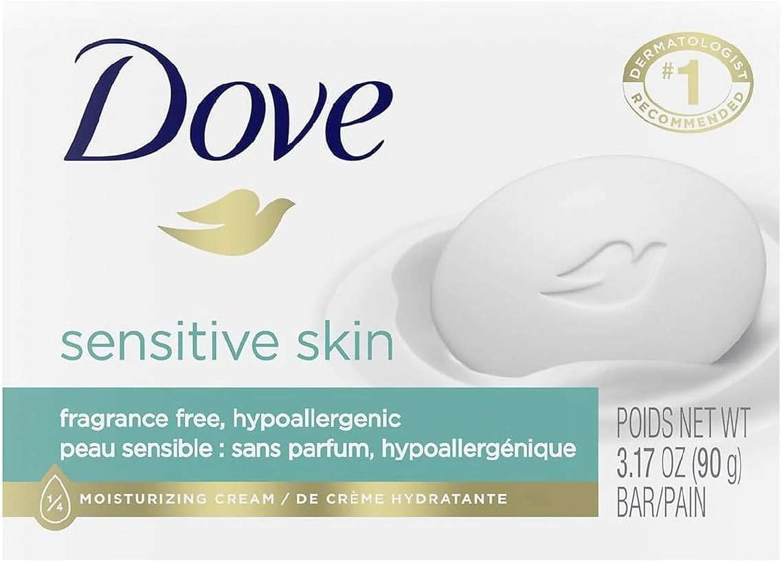 Dove Beauty Bar Soap, Sensitive Skin 2-Size Variety 3-Pack with Moisturizing Cream for Soft, Smooth Skin, Hypoallergenic, Fragrance-Free - Image 1