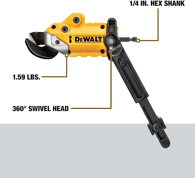 DEWALT Metal Shear/Cutter Drill Attachment, Impact Ready, 360 Degree Pivoting Head, Cuts 18GA Material (DWASHRIR)(Yellow, Black) - Image 2