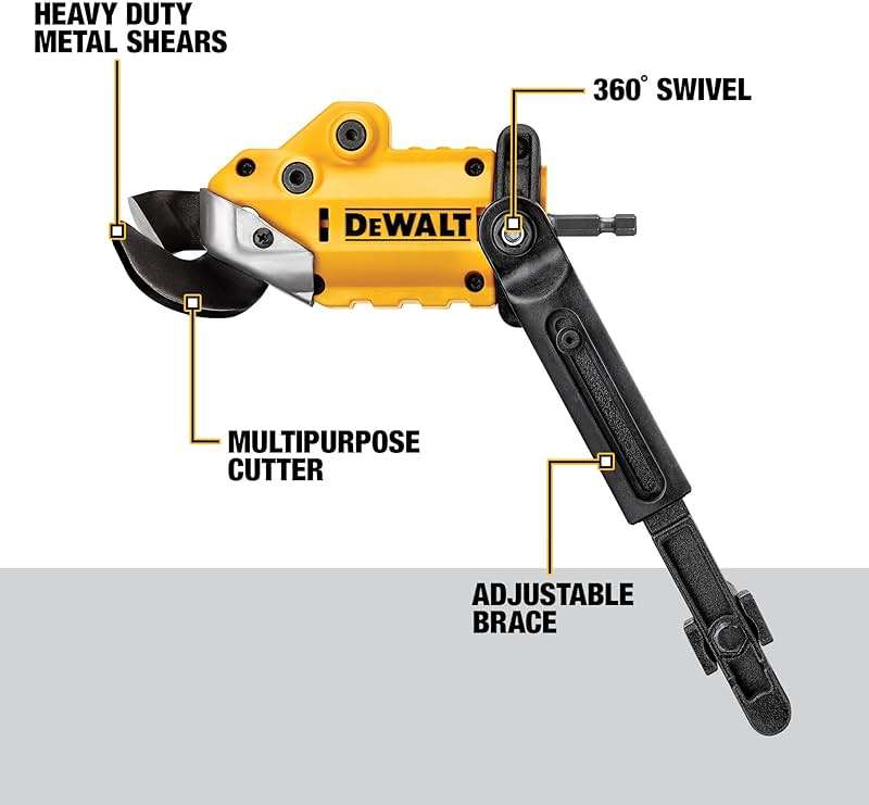 DEWALT Metal Shear/Cutter Drill Attachment, Impact Ready, 360 Degree Pivoting Head, Cuts 18GA Material (DWASHRIR)(Yellow, Black) - Image 3