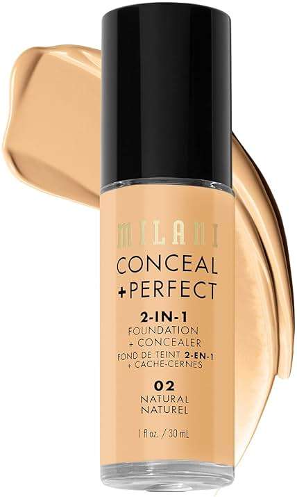 Milani Conceal + Perfect 2-in-1 Foundation + Concealer for a Flawless Complexion, Under Eye Corrector, Cover Redness and Imperfections, Waterproof and Sweatproof - 02-Natural - Image 1