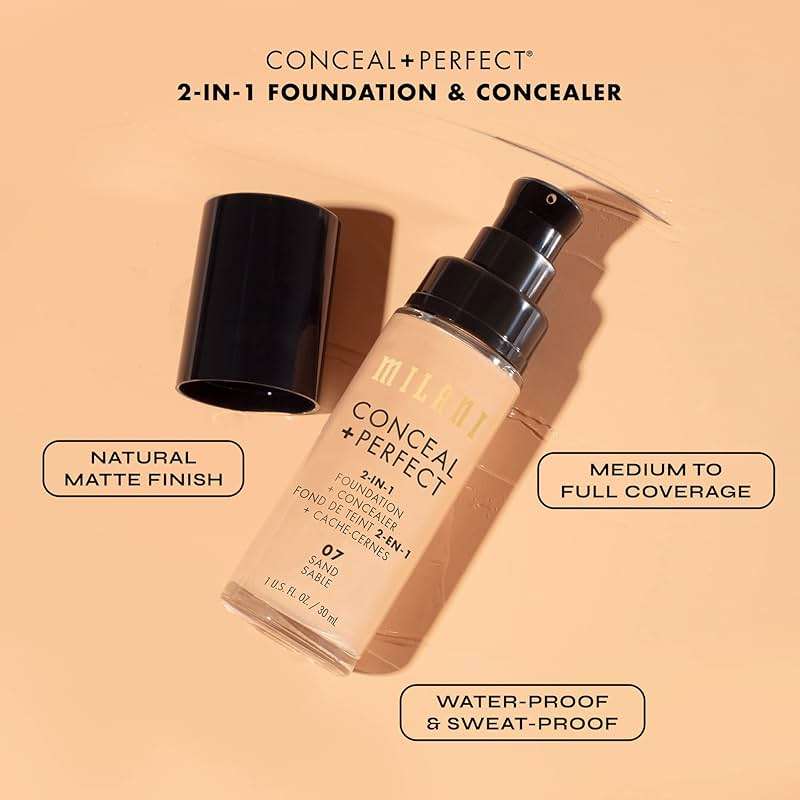 Milani Conceal + Perfect 2-in-1 Foundation + Concealer for a Flawless Complexion, Under Eye Corrector, Cover Redness and Imperfections, Waterproof and Sweatproof - 02-Natural - Image 7