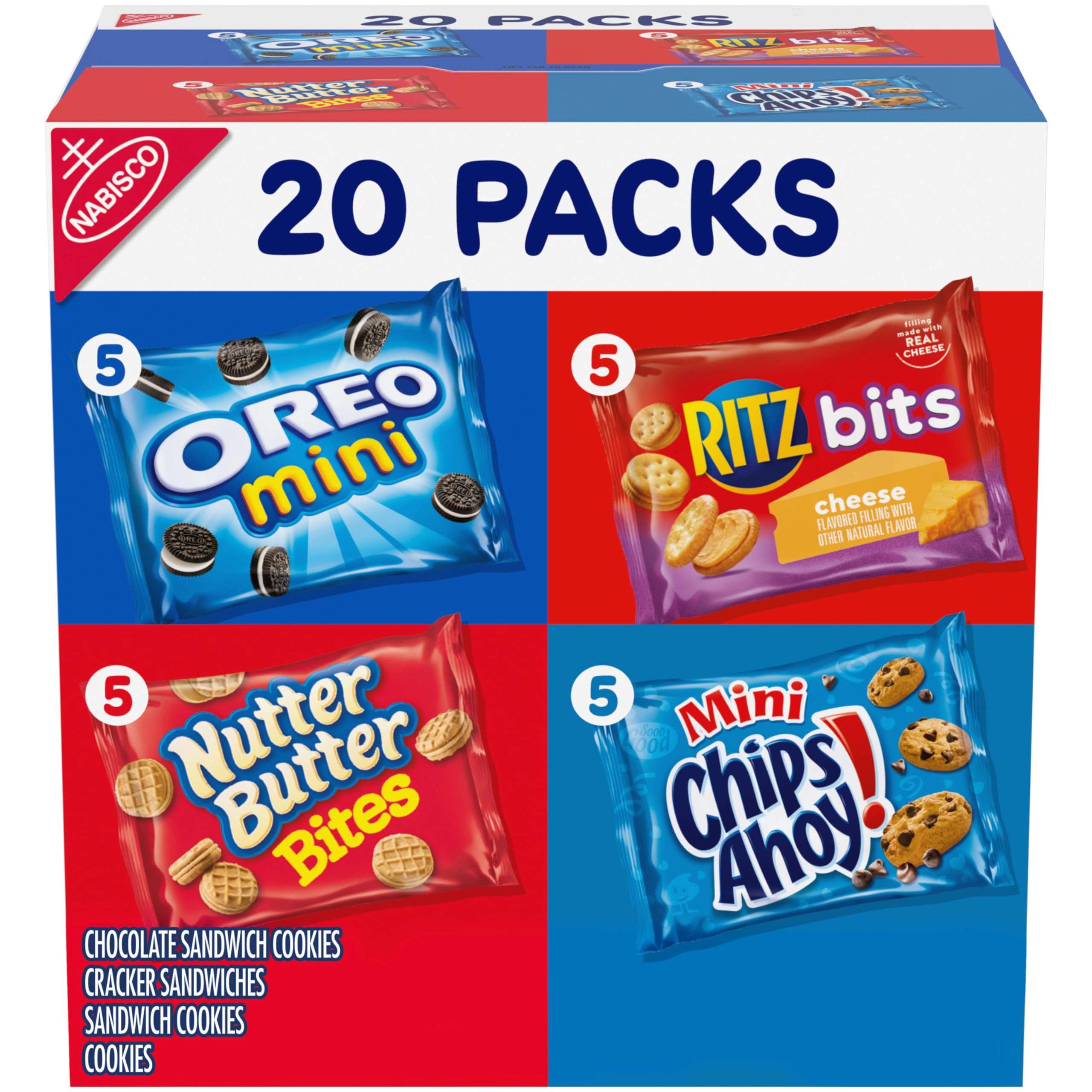 Nabisco Classic Mix Variety Pack, OREO Mini, CHIPS AHOY! Mini, Nutter Butter Bites, RITZ Bits Cheese, 20 Snack Packs - Image 1