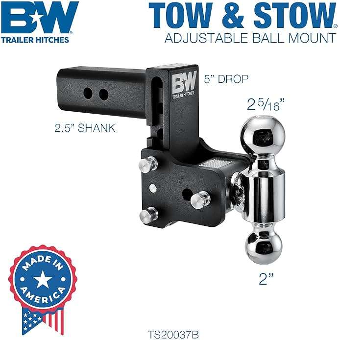B&W Trailer Hitches Tow & Stow Adjustable Trailer Hitch Ball Mount - Fits 2.5" Receiver, Dual Ball (2" x 2-5/16"), 5" Drop, 18,000 GTW - TS20037B - Image 3
