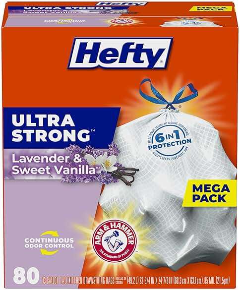 Hefty Ultra Strong 13 Gallon Trash Bags, Tall Kitchen, Drawstring Closure, Odor Control, White, Lavender, Sweet Vanilla, 80 Count - Image 1