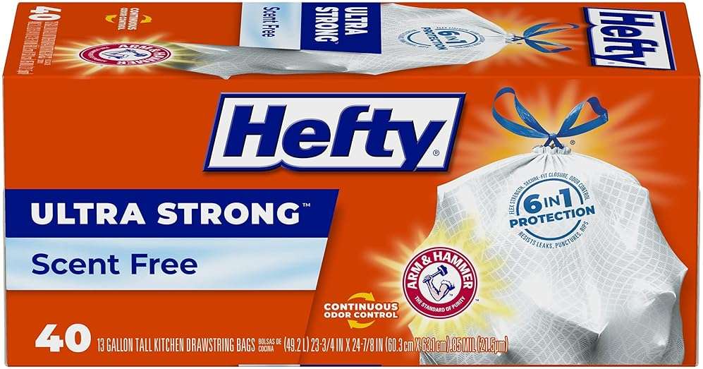 Hefty Ultra Strong 13 Gallon Trash Bags, Tall Kitchen Trash Bags 13 Gallon Size, Drawstring Closure, Continuous Odor Control, White, Unscented, 40 Bags - Image 1
