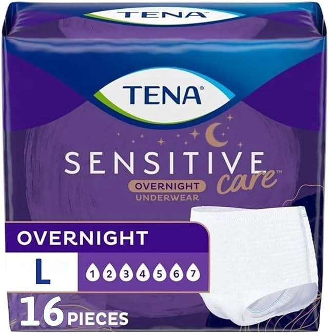 TENA Sensitive Care Overnight Incontinence Underwear for Women, Large (Waist Sizes 32in–42in), Better Fit, 16 Count - Image 1