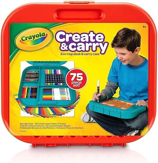 Crayola Create 'N Carry Travel Art Set for Kids (75pcs), 2-in-1 Lap Desk & Carrying Case, Essential Art Supplies Kit, Spring Crafting, Gift for Kids - Image 1