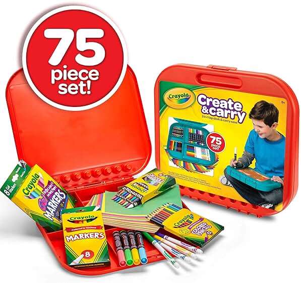 Crayola Create 'N Carry Travel Art Set for Kids (75pcs), 2-in-1 Lap Desk & Carrying Case, Essential Art Supplies Kit, Spring Crafting, Gift for Kids - Image 5