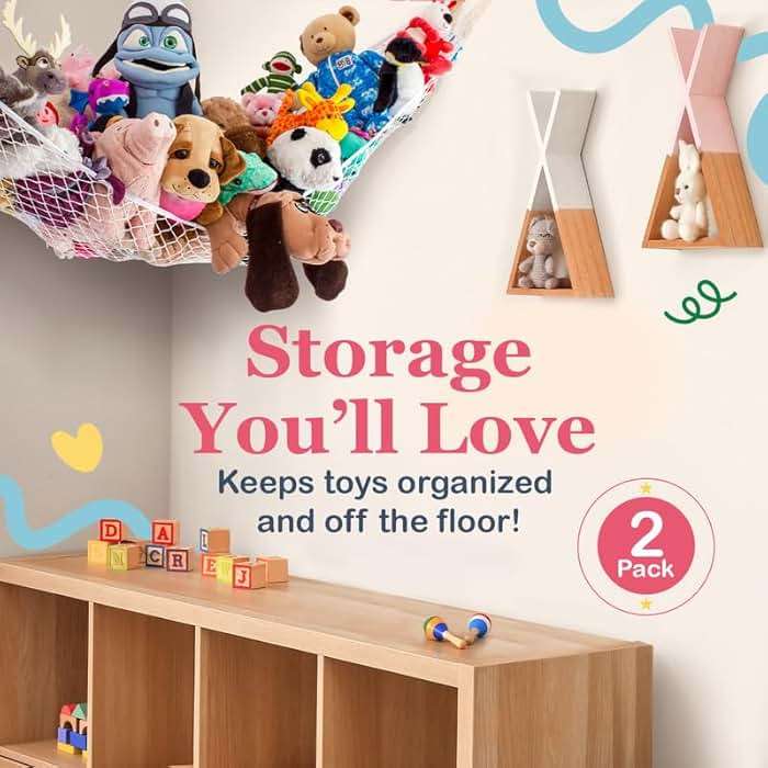 Stuffed Animal Hammock 2 Pack | Corner Stuffed Animal Storage & Plushie Net | Toy Hammock for Stuffed Animals | Holds 12lbs | Easy Hang, All Hardware Included | White Bedroom Decor | by Lilly's Love - Image 2