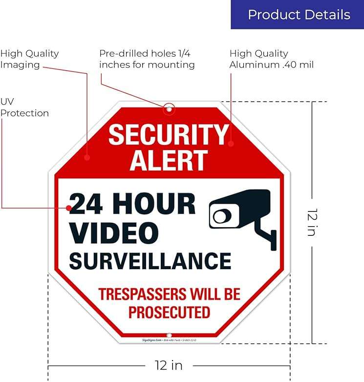 Video Surveillance Sign, Surveillance Sign, 12x12 Inches, Rust Free .040 Aluminum, Fade Resistant, Made in USA - Image 2