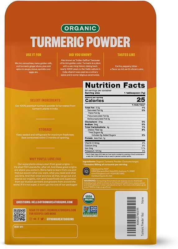 FGO Organic Turmeric Powder w/Curcumin, 1 Pound / 16oz Bulk Resealable Pouch, USDA Organic and Non-GMO, Sourced from India, Packaging May Vary (Pack of 1) - Image 2