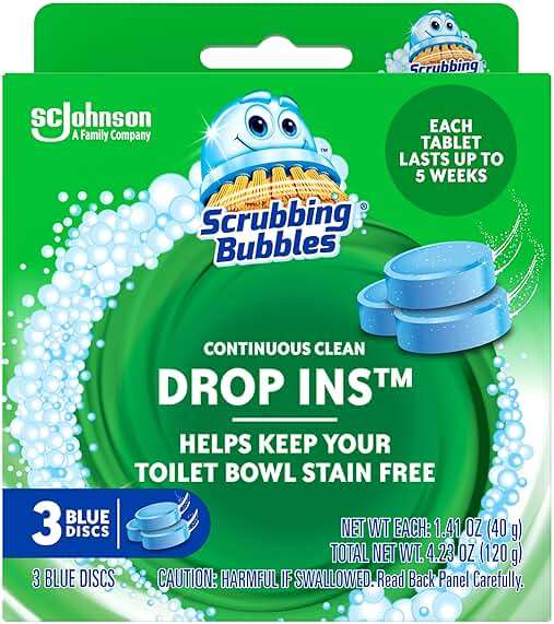 Scrubbing Bubbles Continuous Clean Toilet Drop-Ins, Automatic Blue Toilet Bowl Cleaner, Septic-Safe Tank Tablets Remove Hard Water Minerals & Limescale, Stain & Smell Protection, 3 Count (Pack of 1) - Image 1