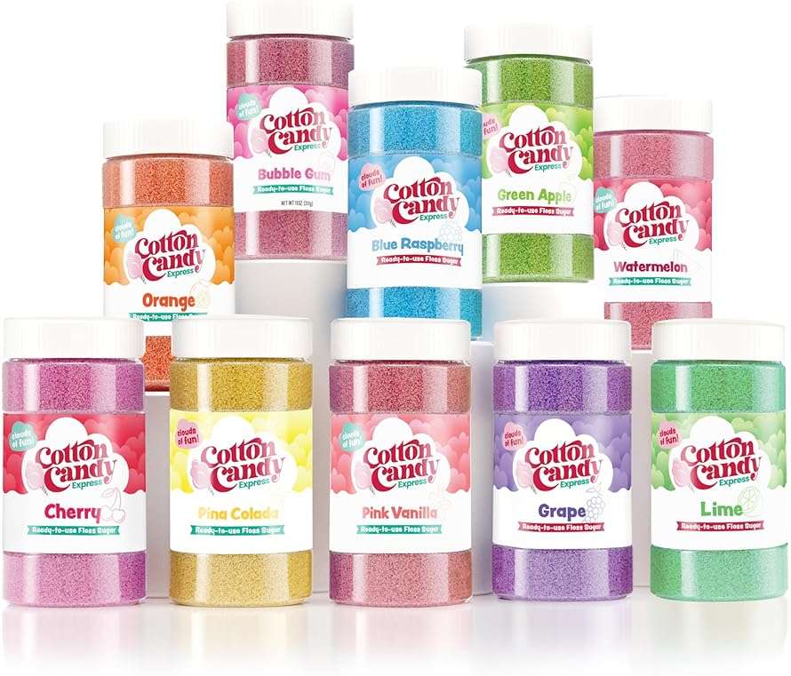 Cotton Candy Express Floss Sugar Variety Pack, 10 - 11oz Plastic Jars of Pina Colada, Orange, Bubble Gum, Grape, Watermelon, Green Apple, & More - Image 1