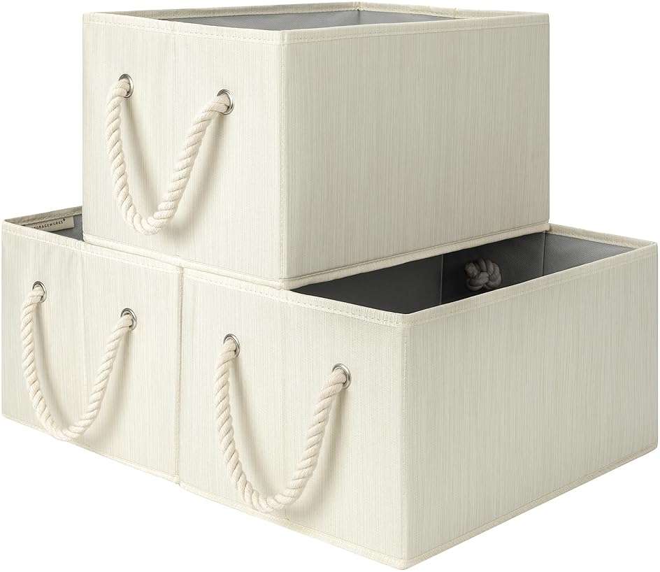 StorageWorks Storage Baskets for Shelves, Fabric Storage Bins, Closet Organization and Storage Basket, Foldable Organizer Bins for Clothes, Beige, White & Ivory, Large, 3-Pack - Image 1