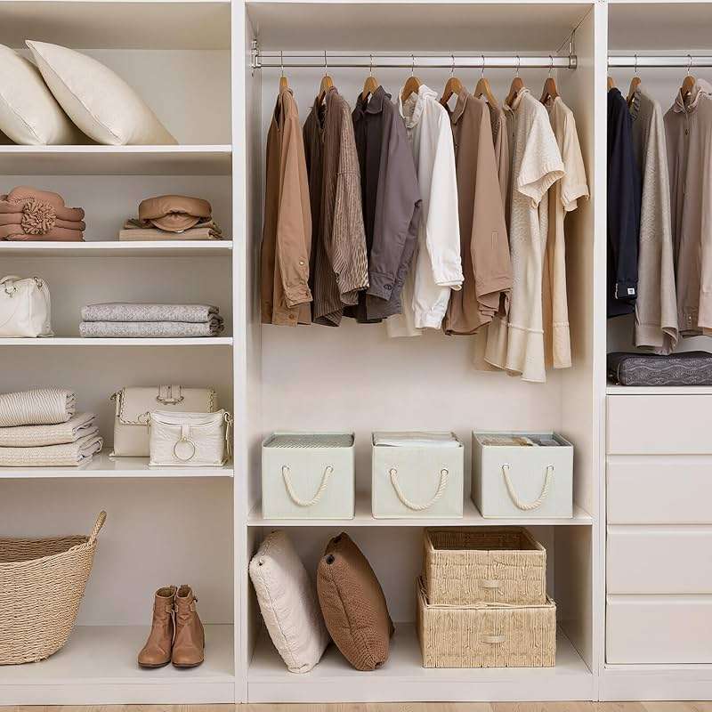 StorageWorks Storage Baskets for Shelves, Fabric Storage Bins, Closet Organization and Storage Basket, Foldable Organizer Bins for Clothes, Beige, White & Ivory, Large, 3-Pack - Image 2