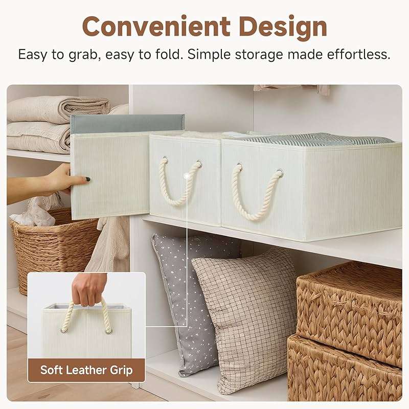 StorageWorks Storage Baskets for Shelves, Fabric Storage Bins, Closet Organization and Storage Basket, Foldable Organizer Bins for Clothes, Beige, White & Ivory, Large, 3-Pack - Image 5
