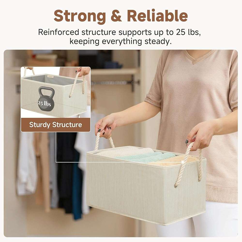 StorageWorks Storage Baskets for Shelves, Fabric Storage Bins, Closet Organization and Storage Basket, Foldable Organizer Bins for Clothes, Beige, White & Ivory, Large, 3-Pack - Image 6