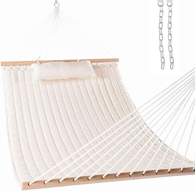 Lazy Daze Hammocks 12 FT Double Quilted Fabric Hammock with Spreader Bar and Detachable Pillow, 2 Person Hammock for Outdoor Patio Backyard Poolside, 450lbs Weight Capacity, Natural - Image 1