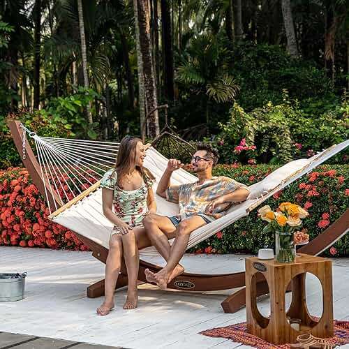 Lazy Daze Hammocks 12 FT Double Quilted Fabric Hammock with Spreader Bar and Detachable Pillow, 2 Person Hammock for Outdoor Patio Backyard Poolside, 450lbs Weight Capacity, Natural - Image 2