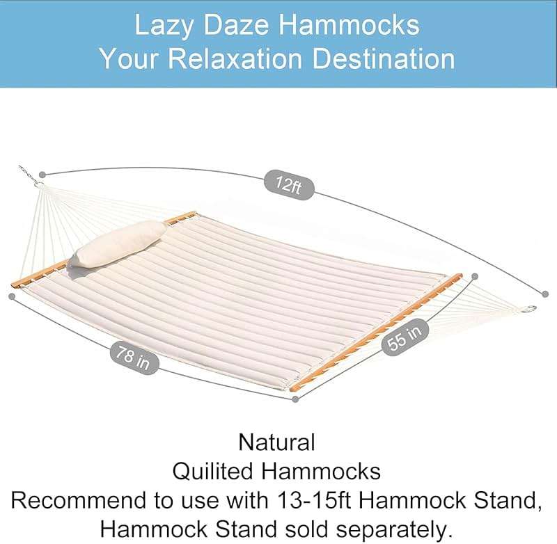 Lazy Daze Hammocks 12 FT Double Quilted Fabric Hammock with Spreader Bar and Detachable Pillow, 2 Person Hammock for Outdoor Patio Backyard Poolside, 450lbs Weight Capacity, Natural - Image 3