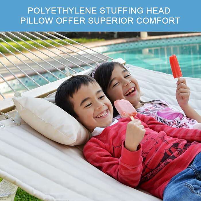 Lazy Daze Hammocks 12 FT Double Quilted Fabric Hammock with Spreader Bar and Detachable Pillow, 2 Person Hammock for Outdoor Patio Backyard Poolside, 450lbs Weight Capacity, Natural - Image 4