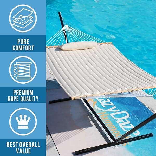 Lazy Daze Hammocks 12 FT Double Quilted Fabric Hammock with Spreader Bar and Detachable Pillow, 2 Person Hammock for Outdoor Patio Backyard Poolside, 450lbs Weight Capacity, Natural - Image 7