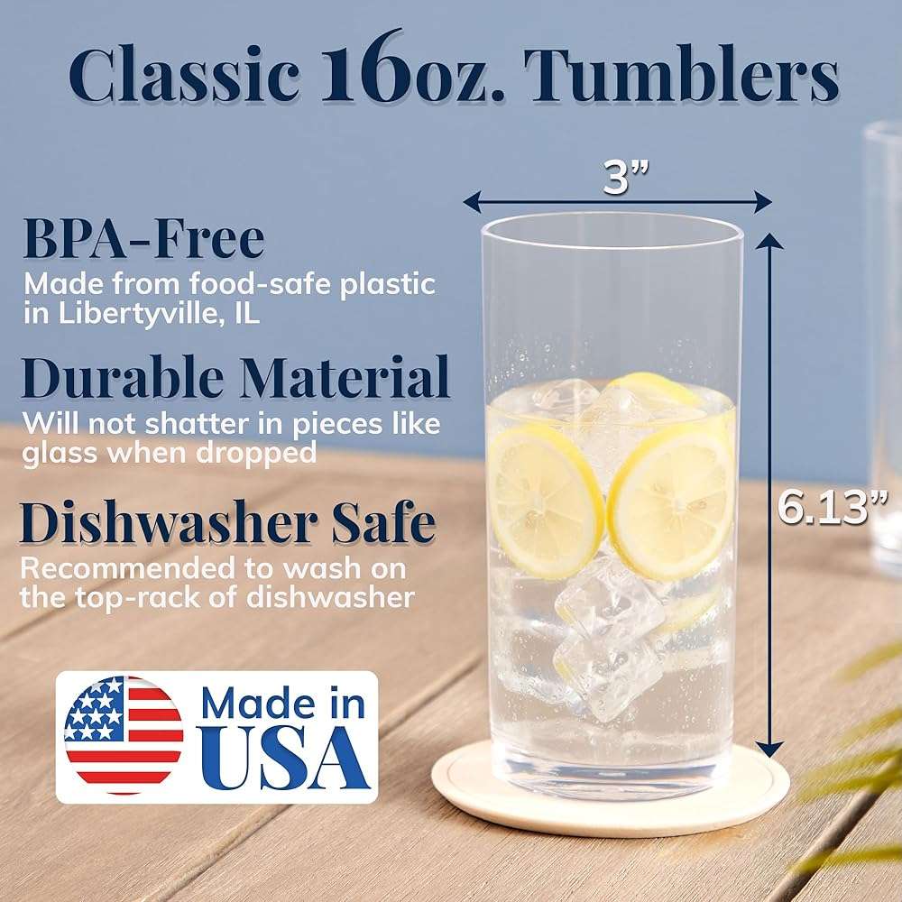 US Acrylic Classic Clear Plastic Reusable Drinking Glasses (Set of 6) 16oz Water Cups | BPA-Free Tumblers, Made in USA | Top-Rack Dishwasher Safe - Image 3