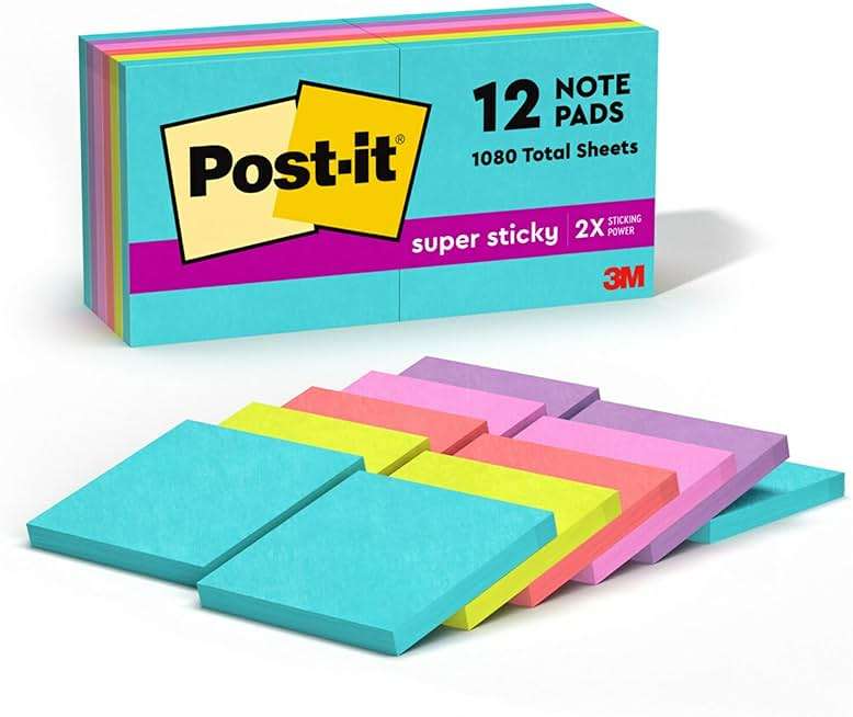 Post-it Super Sticky Notes, 12 Sticky Note Pads, 3 x 3 in., School Supplies, Office Products, 2X the Sticking Power, Supernova Neons Collection - Image 1