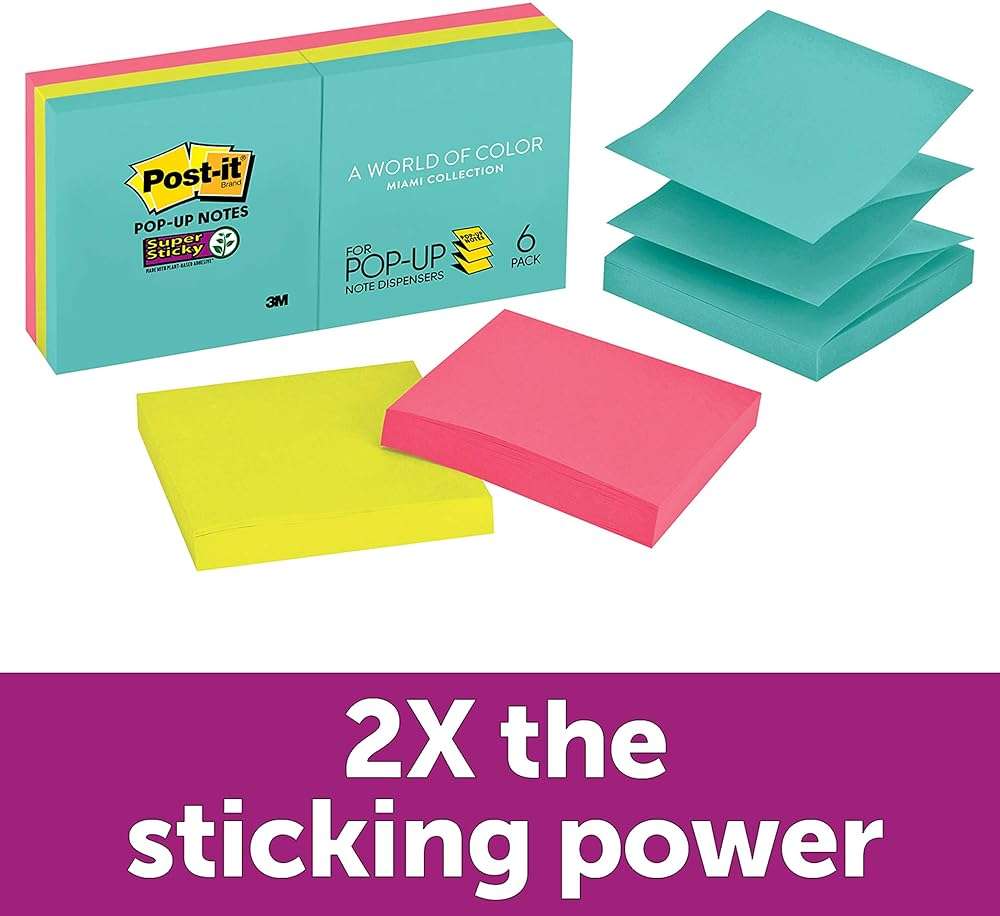 Post-it Super Sticky Pop-up Notes, 3x3 in, 6 Pads, 2X The Sticking Power, Supernova Neons, Bright Colors, Recyclable (R330-6SSMIA) - Image 2
