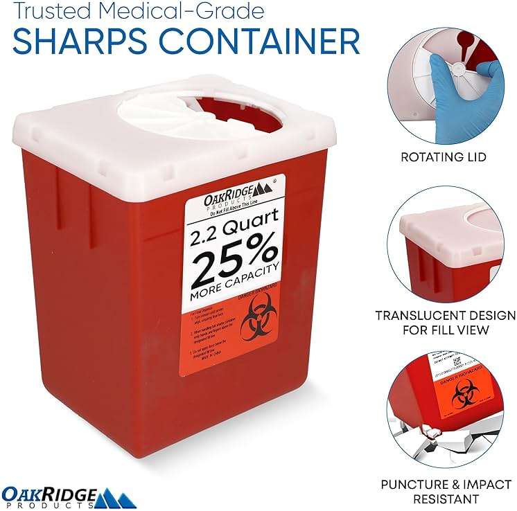 Oakridge Products Transparent Sharps Container for Home Use and Professional 2.2 Quart (1-Pack), Touchless Biohazard Needle and Syringe Disposal, Rotating Lid, CDC Certified - Image 3
