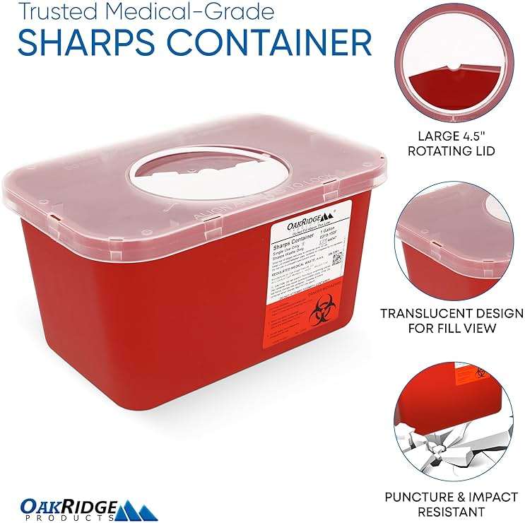 Oakridge Products Large Sharps Container for Home Use and Professional 1 Gallon (1-Pack), Biohazard Needle and Syringe Disposal, Rotating Lid, CDC Certified - Image 4
