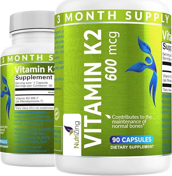 NutriZing K2 Vitamin Supplement MK7-600mcg - 90 Capsules Supports Bone & Arterial Health - High Strength Vegan Capsules - Vitamin K2 MK7 for Men & Women - 3 Month Supply - Image 1