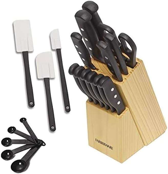 Farberware 22-Piece Never Needs Sharpening Triple Rivet High-Carbon Stainless Steel Knife Block and Kitchen Tool Set, Black, Durable AND Precision Cutlery - Image 1