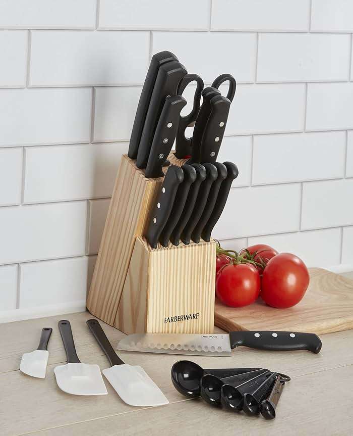 Farberware 22-Piece Never Needs Sharpening Triple Rivet High-Carbon Stainless Steel Knife Block and Kitchen Tool Set, Black, Durable AND Precision Cutlery - Image 2