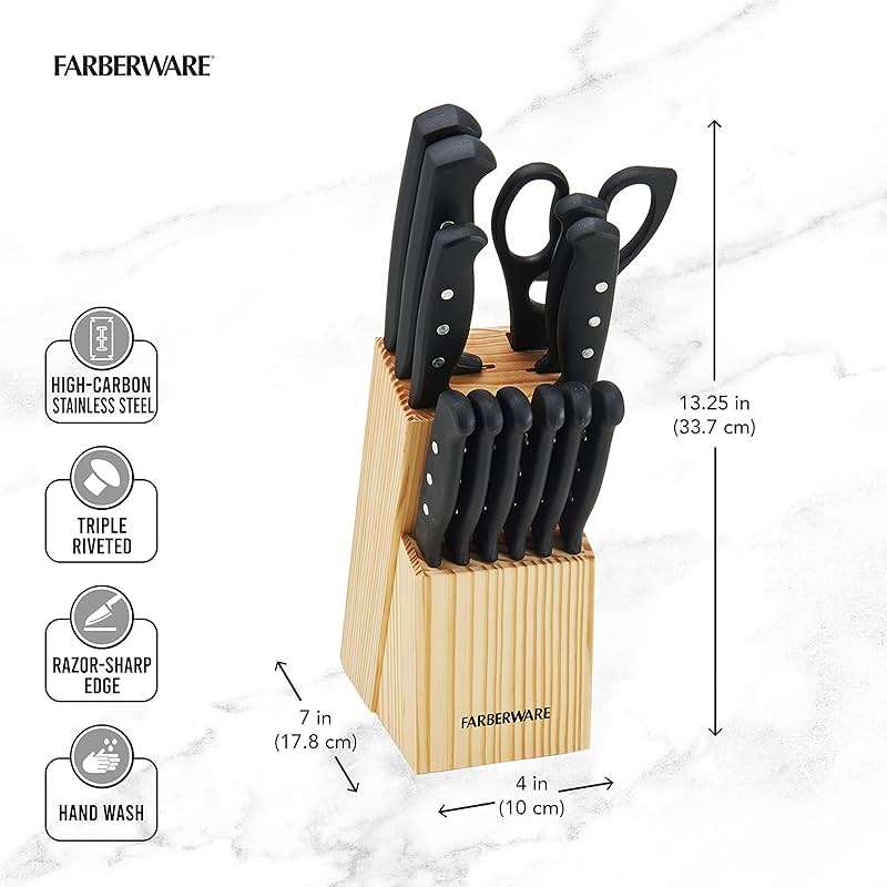 Farberware 22-Piece Never Needs Sharpening Triple Rivet High-Carbon Stainless Steel Knife Block and Kitchen Tool Set, Black, Durable AND Precision Cutlery - Image 3