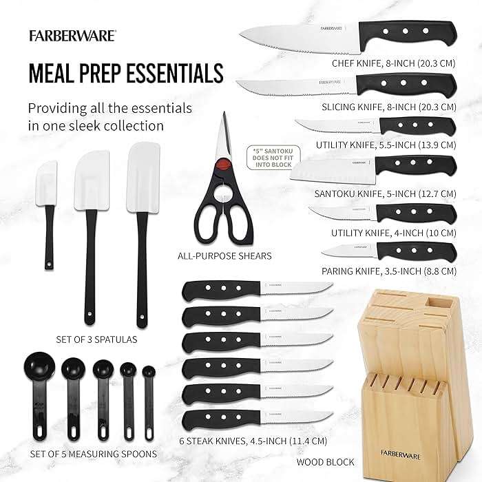Farberware 22-Piece Never Needs Sharpening Triple Rivet High-Carbon Stainless Steel Knife Block and Kitchen Tool Set, Black, Durable AND Precision Cutlery - Image 4