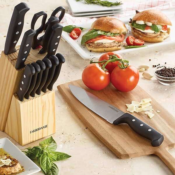 Farberware 22-Piece Never Needs Sharpening Triple Rivet High-Carbon Stainless Steel Knife Block and Kitchen Tool Set, Black, Durable AND Precision Cutlery - Image 7