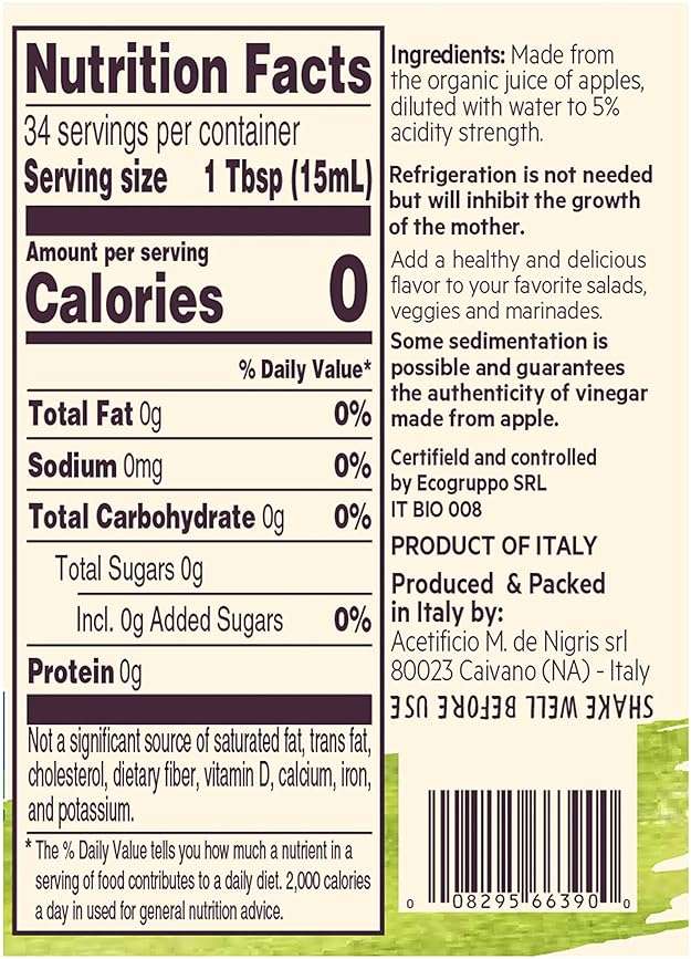 De Nigris Organic Apple Cider Vinegar Raw & Unfiltered 16,9 Oz (500ml) | Apple Cider Vinegar With Mother A Source Of Functional Elements For The Balance Of Metabolism | Apple Cider Vinegar Organic - Image 3