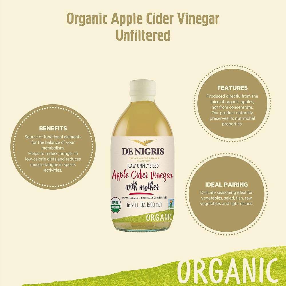 De Nigris Organic Apple Cider Vinegar Raw & Unfiltered 16,9 Oz (500ml) | Apple Cider Vinegar With Mother A Source Of Functional Elements For The Balance Of Metabolism | Apple Cider Vinegar Organic - Image 4