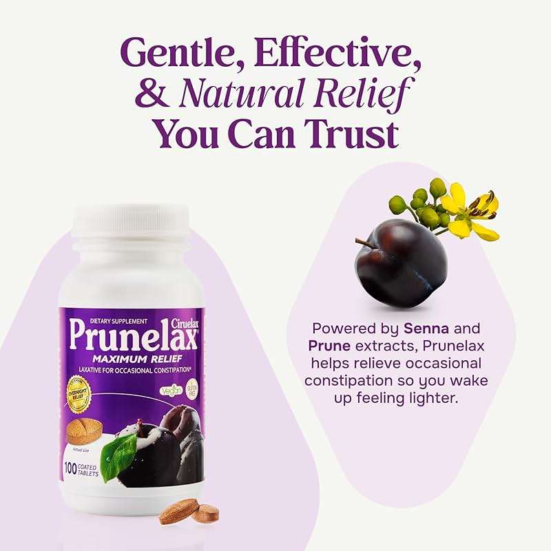 Prunelax Ciruelax Maximum Relief Laxative Tablets with Natural Senna for Occasional Constipation, Senna Extract, Vegan & Gluten-Free, Gentle Overnight Relief - 100ct - Image 2