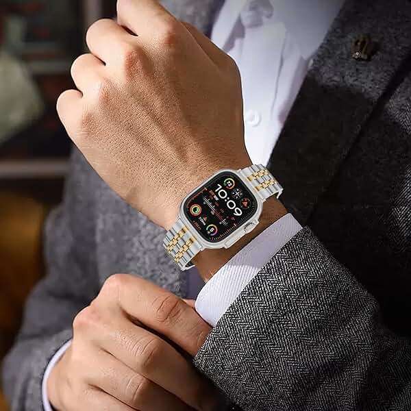 HUANLONG Stainless Steel Band Compatible with Apple Watch Stocking Stuffers for Men Women Gift Holiday,Metal Strap for Iwatch Series Ultra1/Ultra2/Ultra3/11/10/9/8/7/6/5/4/3/2/1/SE/SE2/SE3 (42mm/44mm/45mm/46mm/49mm),Silver/Gold. - Image 5