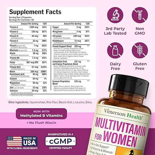 Vimerson Health Multivitamin for Women: Methylated B Vitamins, Chelated Minerals and Bioavailable D3 for Focus and Energy Support – Daily Womens Multivitamins and Multiminerals – 60 Capsules - Image 3